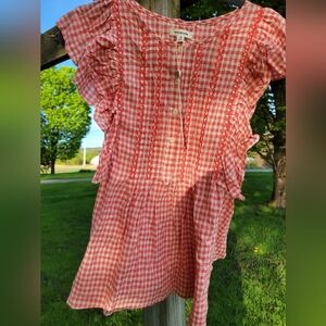 Max studio gingham ruffle sleeved top